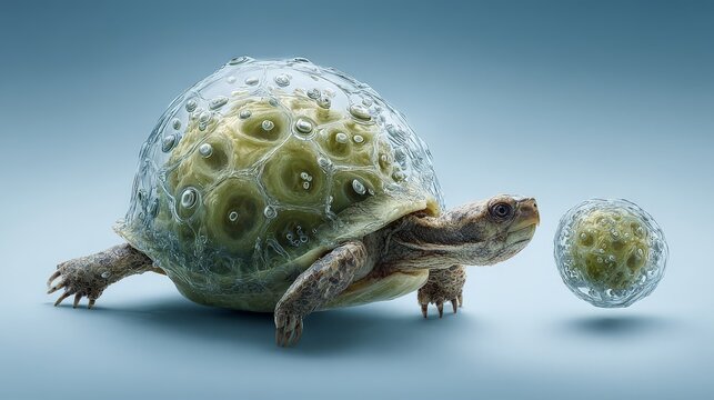 A surreal turtle with microbial features in a whimsical environment.
