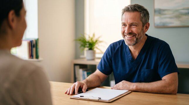 Friendly male doctor or healthcare professional in blue uniform consulting with patient in modern medical clinic smiling physician discussing diagnosis and treatment plan at desk