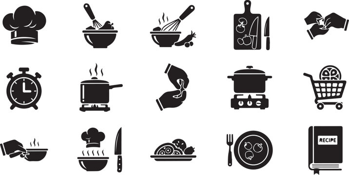 Black and white kitchen cooking icons set