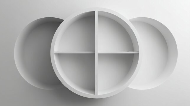 Three white circular niches set in light gray wall, central niche has cross divider creating four compartments, side nic