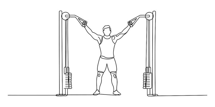 Line drawing of a man performing cable crossover chest exercise at the gym for fitness