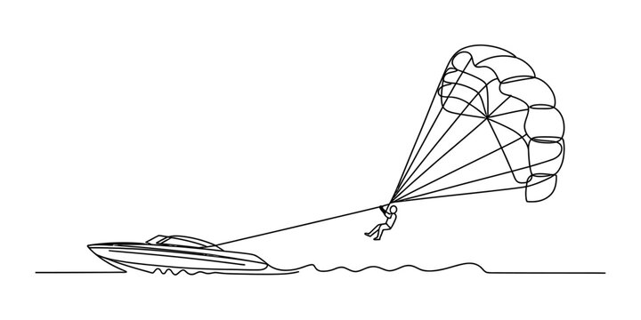 Continuous one line drawing of a person parasailing behind a speedboat over the ocean waves.