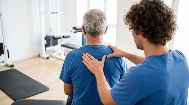 Physical therapist treating senior man back in rehabilitation center. Physiotherapist massaging elderly patient shoulder, manual therapy, recovery and sports medicine concept.