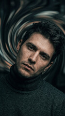 Obraz premium A portrait of a contemplative individual with a determined gaze and the weight of deep thoughts reflected in their eyes.
