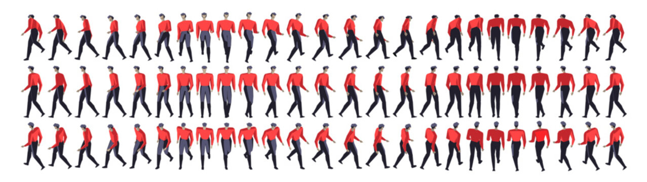A walking cycle of a man from multiple angles, useful as character animation reference, depicting motion, steps, and body movement sequence.