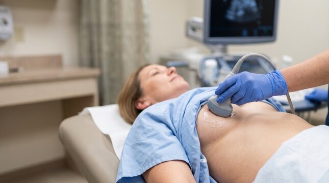 Female patient receiving a breast ultrasound scan in a medical clinic. Professional sonographer performing diagnostic imaging for preventive healthcare and oncology screening.