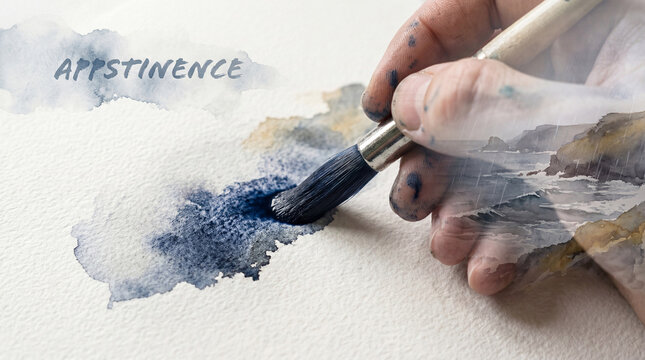Artistic expression intertwines with the essence of abstinence as a hand delicately wields a brush, bringing a watercolor landscape to life. The word Abstinence subtly overlays the scene.