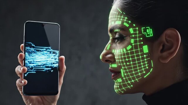 Woman with digital face scan and phone for commercial backgrounds, digital design, and advertising
