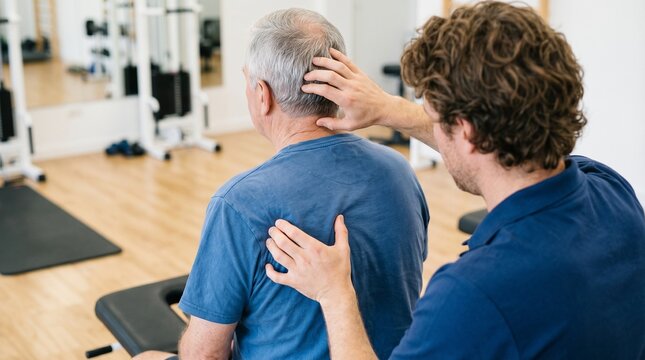 Physiotherapist treating senior man back and neck in rehab clinic, physical therapy session for elderly, sports massage and rehabilitation, osteopathy treatment for pain relief