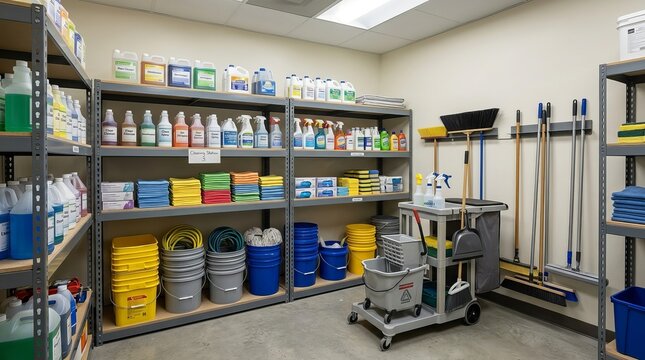 Organized cleaning supplies arranged neatly on shelves in a tidy storage room.