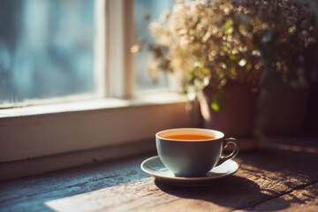 Obraz premium Cup of tea near window with soft natural sunlight, cozy peaceful atmosphere