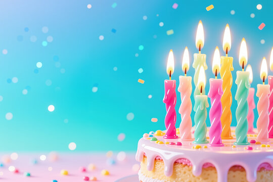 Vibrant birthday cake with twisted candles in pastel colors, celebrating a special day in a whimsical style against a bright blue background with confetti.