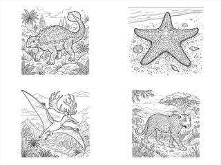 Black and white dinosaur, animal, sea creature illustrations, coloring book pages, 4 elements © SHAHANA