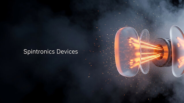 Spintronics devices with glowing orange lines and smoke on dark background  futuristic technology concept