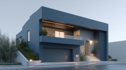 Fototapeta premium Modern minimalist two-story dark blue-grey house with geometric blocks, cantilevered balcony, warm lighting, and greener