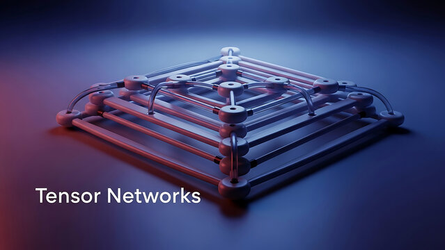 Metallic tensor network structure with red and blue tubes and wires on a gradient background  representing artificial intelligence and machine learning concepts