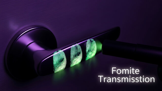 Door handle with glowing green fingerprints on it  Fomite transmission concept  Health and safety  Infection risk  Germs and bacteria on surfaces