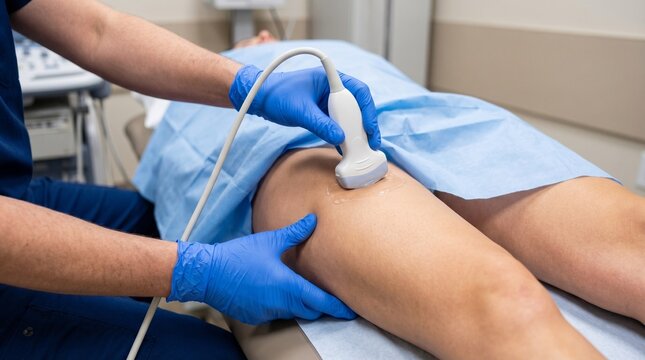Medical professional performing ultrasound scan on patient leg in clinic. Diagnostics, vascular health and therapy concept. Doctor using sonogram transducer for medical examination.