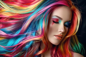 Fototapeta premium Beauty portrait of woman with rainbow colored hair and creative makeup posing with closed eyes