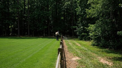Naklejka premium A worker uses a backpack sprayer along a wooden fence next to a green lawn and forest. Professional pest management service protecting residential property. Ideal for home maintenance advertisements.