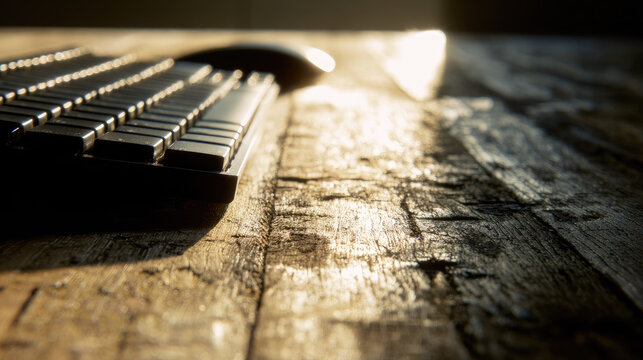 Keyboard and mouse rest on rustic wooden desk with sunlight streaming in, creating warm atmosphere ideal for screen reader navigation and focused work sessions