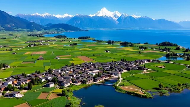 Panoramic view of the lakeside countryside and snow-capped mountains, aerial photography of the natural wind in the rural fields
