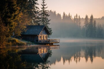 Fototapeta premium Cozy wooden cabin by calm lake at sunrise, soft golden light, peaceful reflection on water