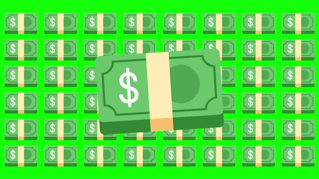 Dollar cash money paper seamless pattern with single big shape. Simple animated cartoon vector icon. Business income idea, finance, economic symbol. Popup animation green screen background template