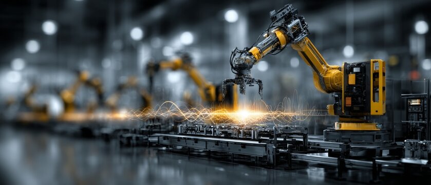 Smart factories: transforming industries with robotic innovations. Online networking. Subtle shifts in industrial design: robotic arms and human workforce. Communication network.