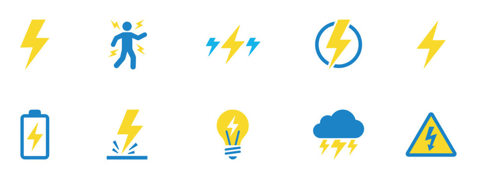 Set of blue and yellow electricity icons with lightning bolts, battery, lightbulb and warning signs. Vector Illustration.	
