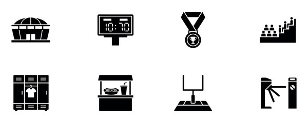 Sports stadium and arena infrastructure black silhouette icons set. Vector Illustration.   © Roberto_Caravelli