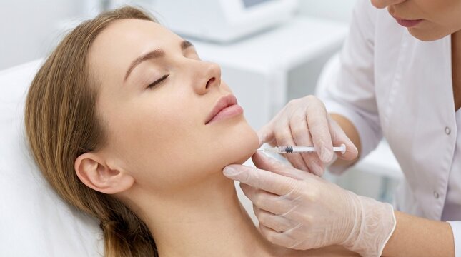 Cosmetic chin filler injection and aesthetic medicine procedure. Professional dermatologist injecting hyaluronic acid for face contouring and beauty enhancement in dermatology clinic.