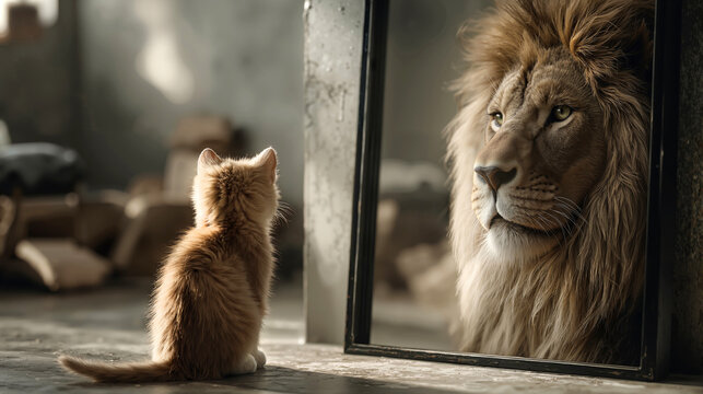 Cute kitten with thoughtful mood seeing powerful lion in mirror representing self perception and identity psychology in soft interior background