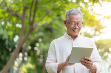 Obraz premium Senior man using a digital tablet in a green park, silver economy and active elderly lifestyle