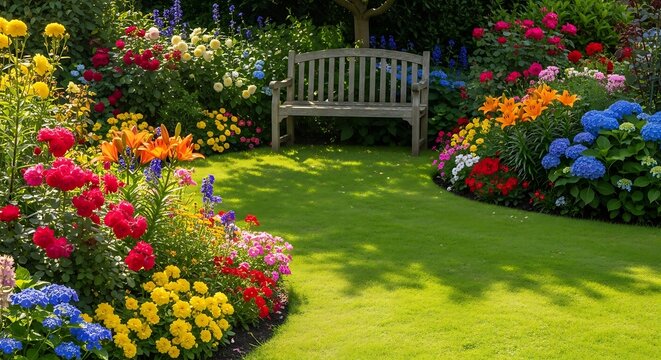 A serene backyard garden featuring a wooden bench surrounded by vibrant flowers and lush greenery. garten im sommer