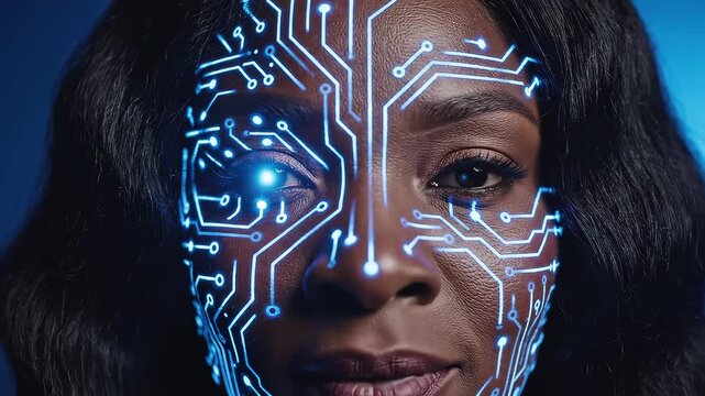 Woman with glowing circuit face design for commercial backgrounds, digital design, and advertising