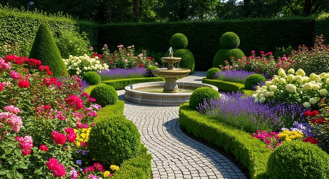 A serene stone garden path leading to a tiered fountain surrounded by lush blooming flower beds. garten im sommer
