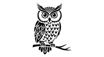 Obraz premium Black and white owl illustration perched on a branch isolated design