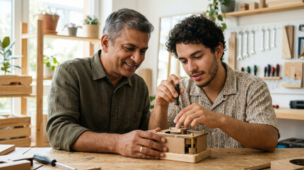 Fototapeta premium Father and son, connected through the shared passion, working on wood project in workshop. Capturing moment of learning.