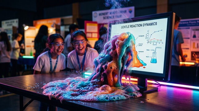 Enthralled young scientists marvel at the mesmerizing spectacle of a bubbling chemical reaction, framed by a digital screen showcasing its scientific intricacies. 