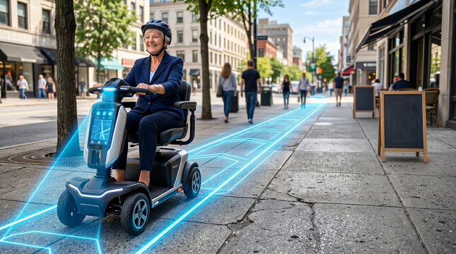 A senior woman confidently rides an electric scooter down a city street, showcasing independence, urban mobility, and modern technology.