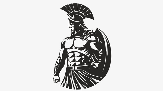 Black and white illustration of a spartan warrior with shield and helmet