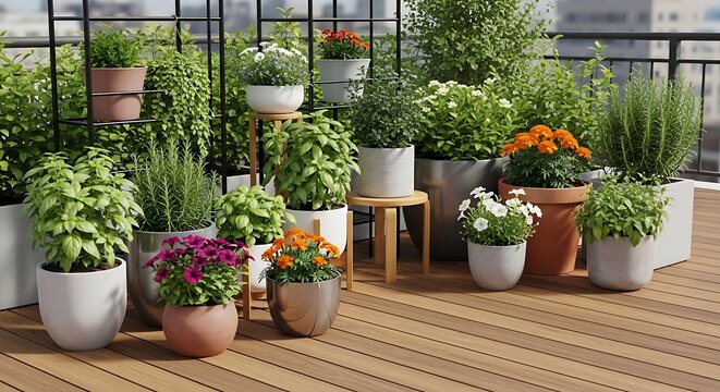 A vibrant collection of potted plants and colorful flowers arranged on a wooden balcony deck area. garten im sommer