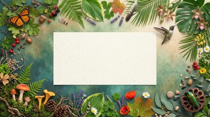 Fototapeta premium Biodiversity Conservation. Nature frame with flora and fauna, International Day for Biological Diversity, invitation card background for eco events