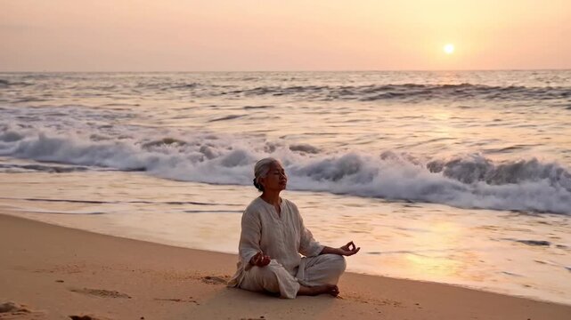 Remote work beach lifestyle meditation calm ocean sunset woman senior relaxation mindfulness