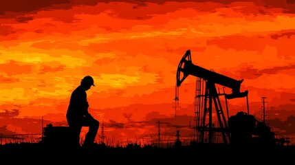 Naklejka premium Twilight inspections: oil pumps silhouetted against a fiery sky. Authentic moment. Solitude in industry: an oil workerâ€™s sunset check. Candid shot. News style.