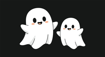Obraz premium Two adorable white cartoon ghosts with rosy cheeks and happy expressions floating against a solid dark black background.