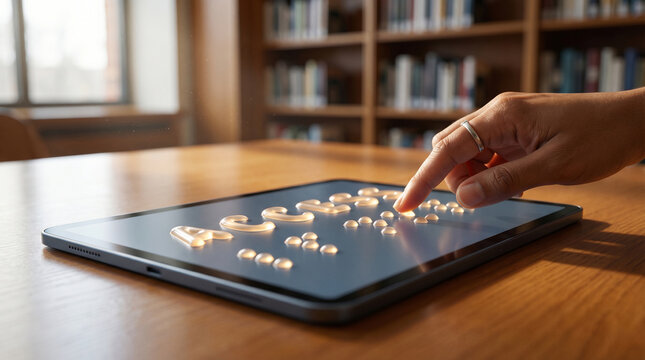 A hand interacts with a tablet screen in a well-lit library setting, exploring educational app, a symbol of learning and technology, with a hint of classic aesthetic.