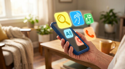 Naklejka na ściany i meble Modern user interacts with a mobile phone, surrounded by domestic setting and interactive graphic icons, representing easy access to diverse information.