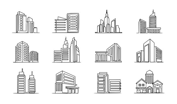 Single line modern city buildings and apartment complex real estate icon set minimal urban architecture vector illustration